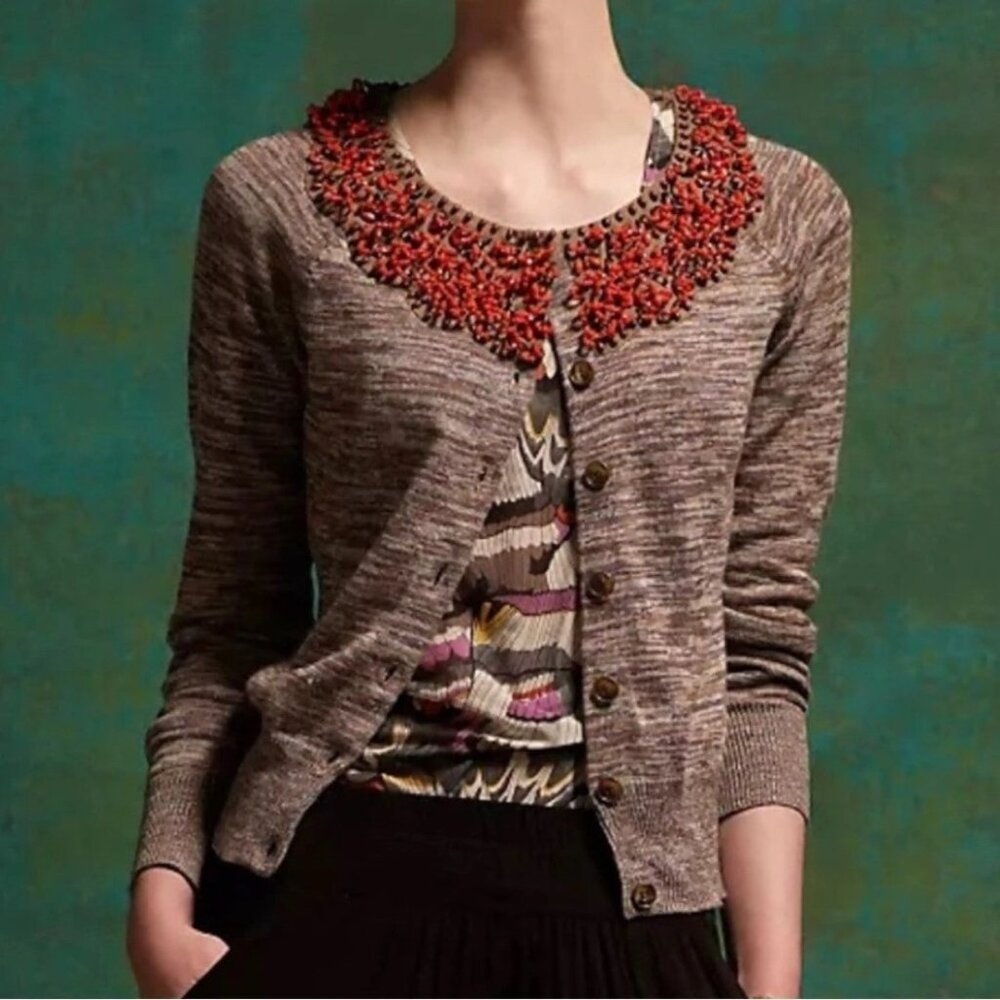 Moth Anthropologie Brown Gray Beaded Collar Cardigan Sweater M